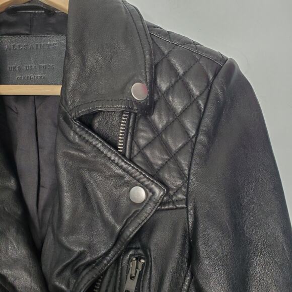 AllSaints Conroy Quilted Leather Zip Biker Jacket Black Asymmetric Size 4 - Picture 9 of 11